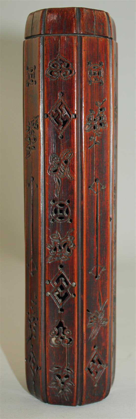 A Chinese bamboo perfume holder and cover, 19th century, 21.2cm, splits and slight losses